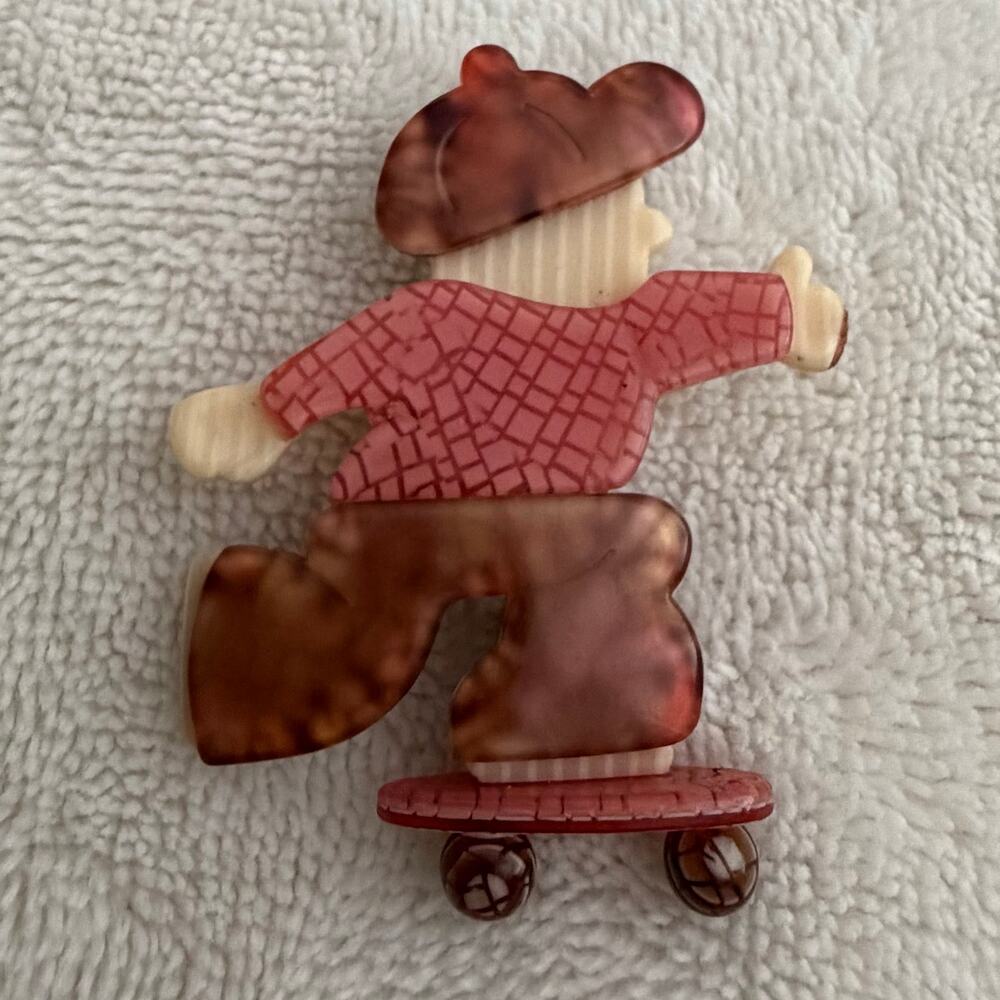 Vintage Lea Stein  Paris Skateboarder Cellulose Acetate Brooch Pin